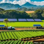 Home 23 세금 혜택이 있는 비즈니스 투자 - A vibrant Brazilian sustainable organic farm scene featuring lush green fields with rows of diverse ...